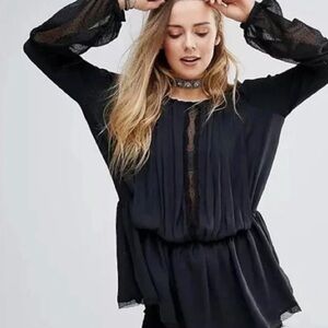 Free People Soul Serene Black Peasant  Whimsigoth Dark Fairy Flowy Blouse Sz M